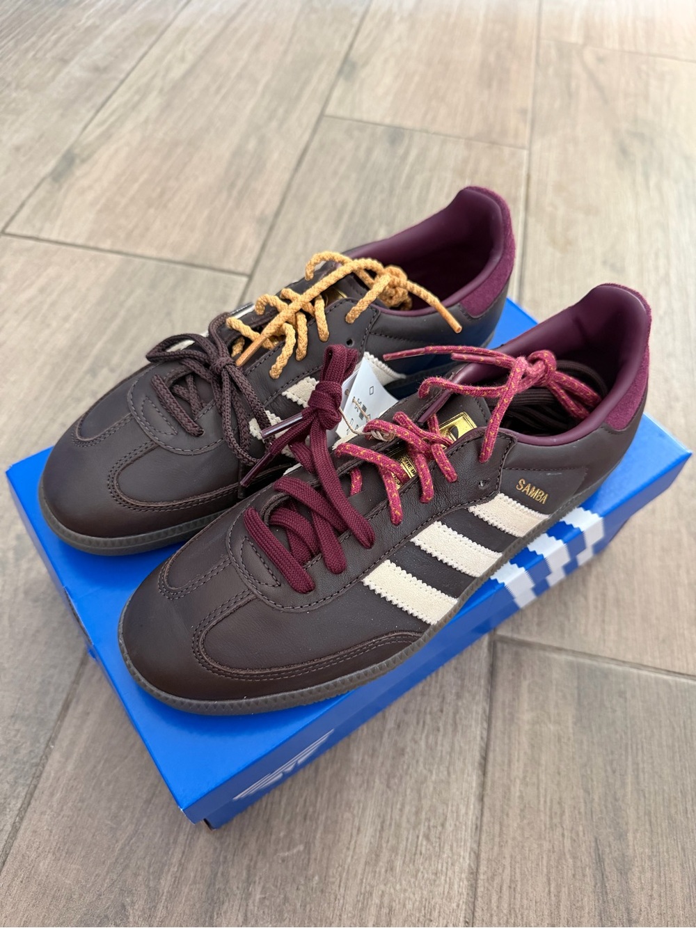 adidas Samba Sneakers in Dark Brown with White Stripes and Burgundy Accents